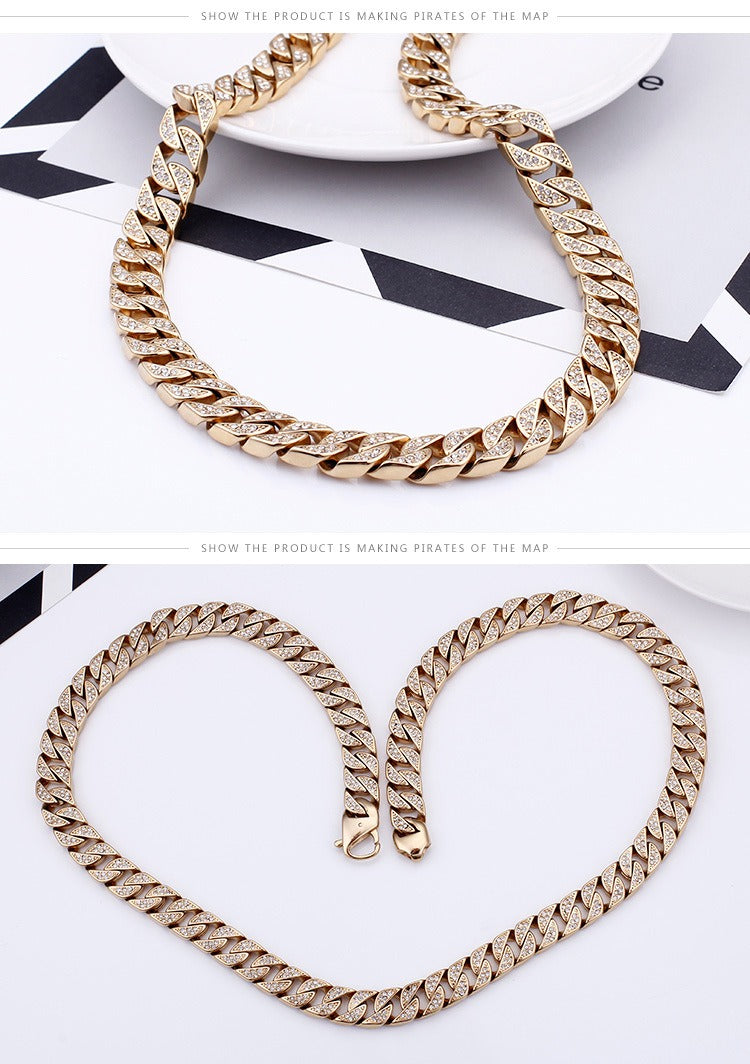 Kemstone Bold Cuban Link Chain - Stainless Steel Hiphop Necklace with Full-Cut Sparkling Stones KS102416-BD