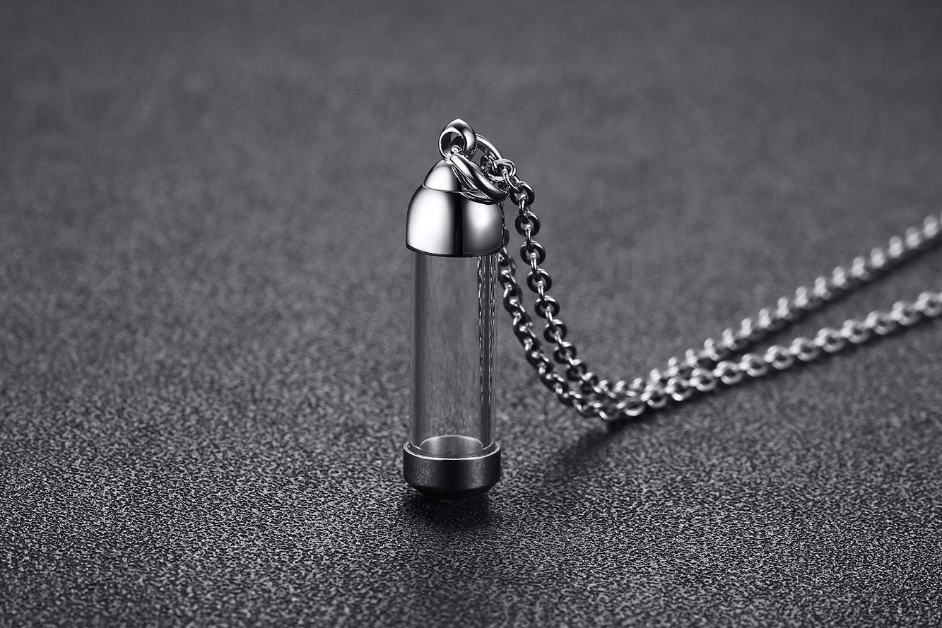 Kemstone Men’s Stainless Steel Glass Vial Pendant Necklace – Gothic Memorial Perfume Bottle Urn Amulet PN-716