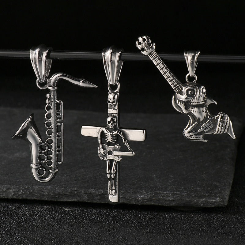 Kemstone Titanium Steel Skull Pendant Necklace with Musical Instruments – Hip Hop KP55730-BD