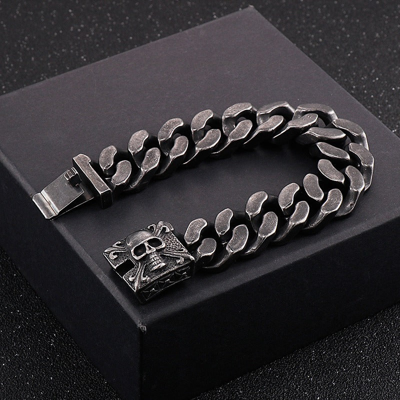 Kemstone Titanium Steel Skull Cuban Chain Bracelet – Bold Streetwear Men’s Accessory KB69725-BD