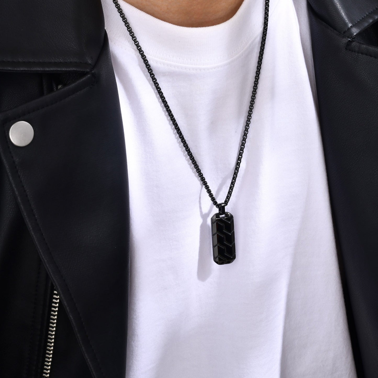 Tire Tread Pendant Necklace for Men – Stainless Steel Geometric Dog Tag PN-1857