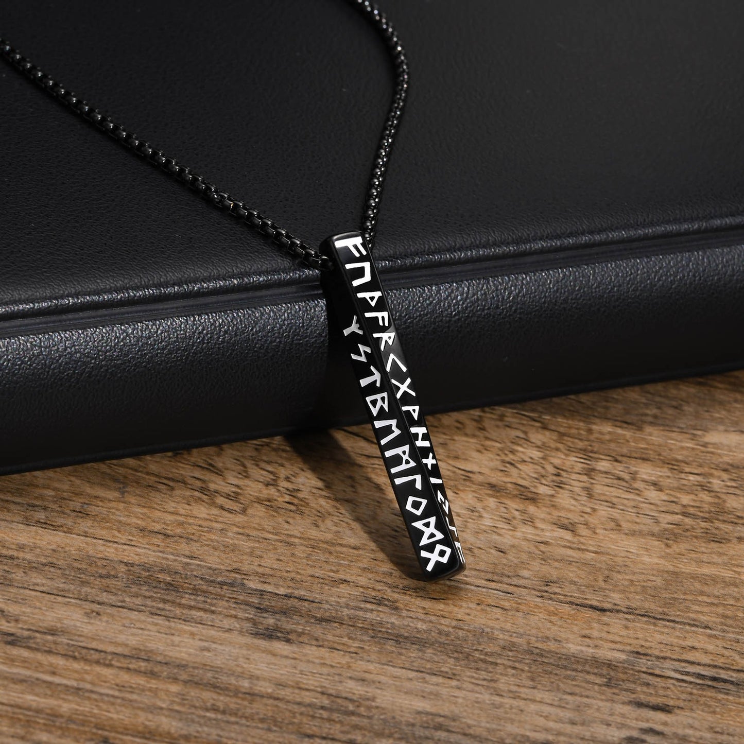 Kemstone Nordic Rune Bar Necklace – Stainless Steel Viking Pendant, Elder Futhark Engraving NC-1383
