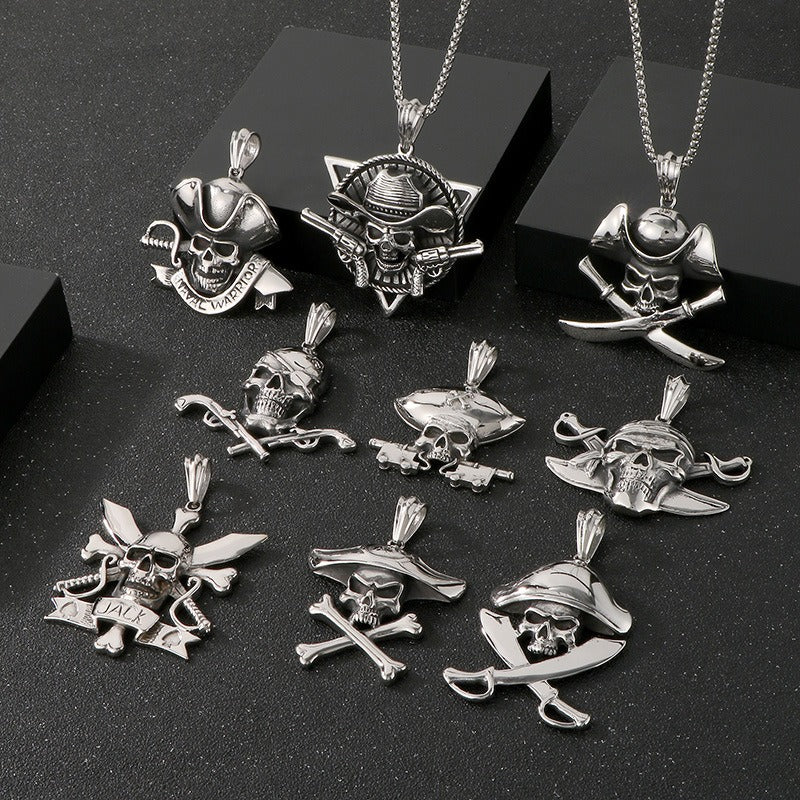 Kemstone Pirate Skull Pendant for Men – Punk Rock Sparrow & Anchor Necklace in Vintage Stainless Steel KP79431-BD