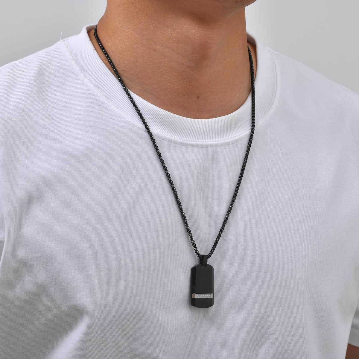 Kemstone Black Rectangular Pendant Necklace for Men Stainless Steel Cubic Zirconia Detail Punk Style PN-240