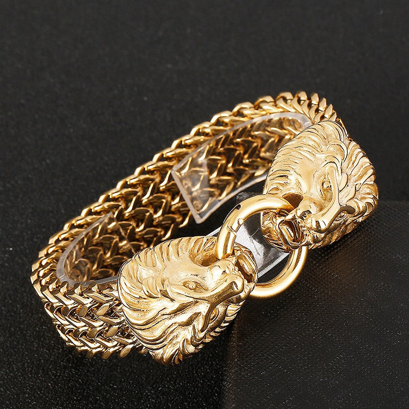 Pulsera Kemstone con calavera, lobo y cabeza de león - Cadena de acero de titanio con borde punk KB144489