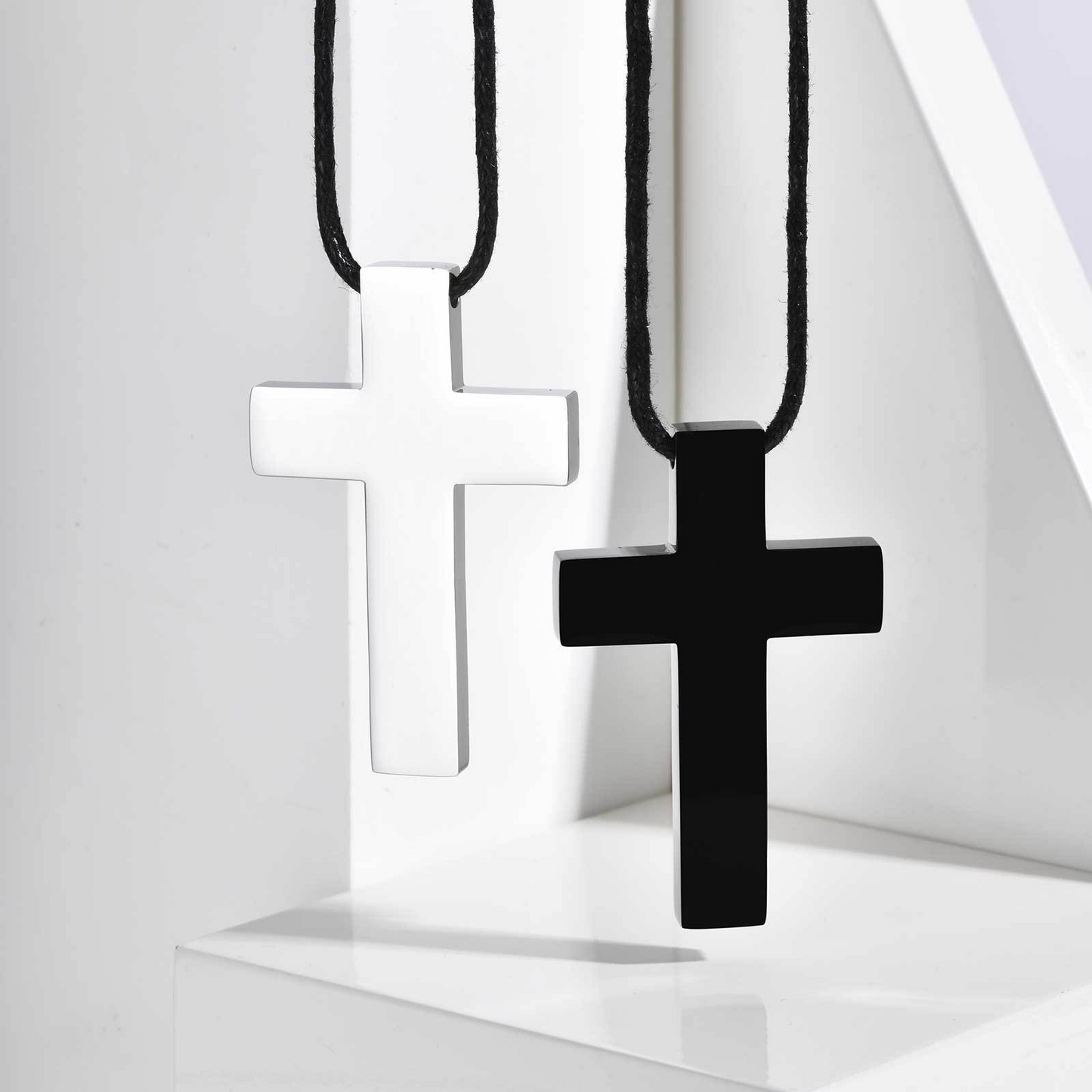 Kemstone Stainless Steel Cross Pendant Necklace for Men – Adjustable Wax Cord, Black Silver PN-020