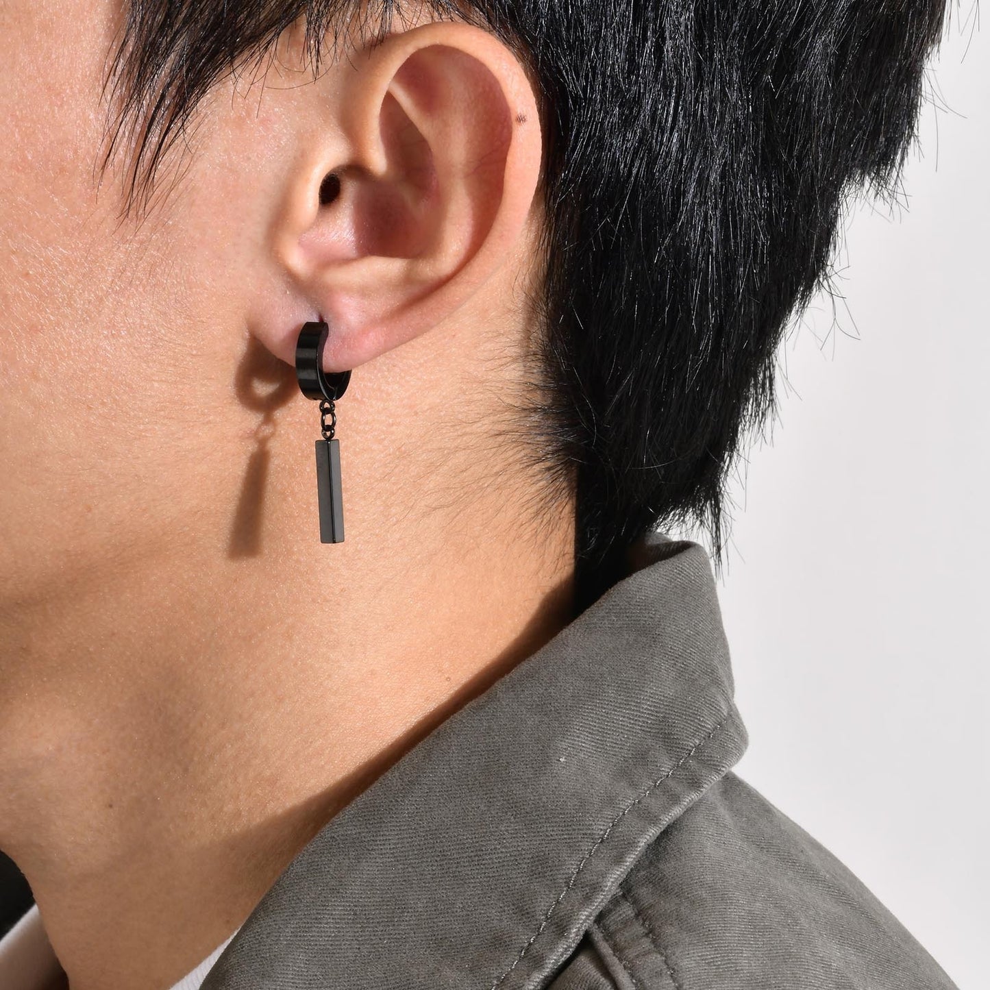 Kemstone Men's Geometric Bar Drop Earrings – Stainless Steel Hoop & Clip-On, Gothic Punk Street Style in Black & Silver ED-659