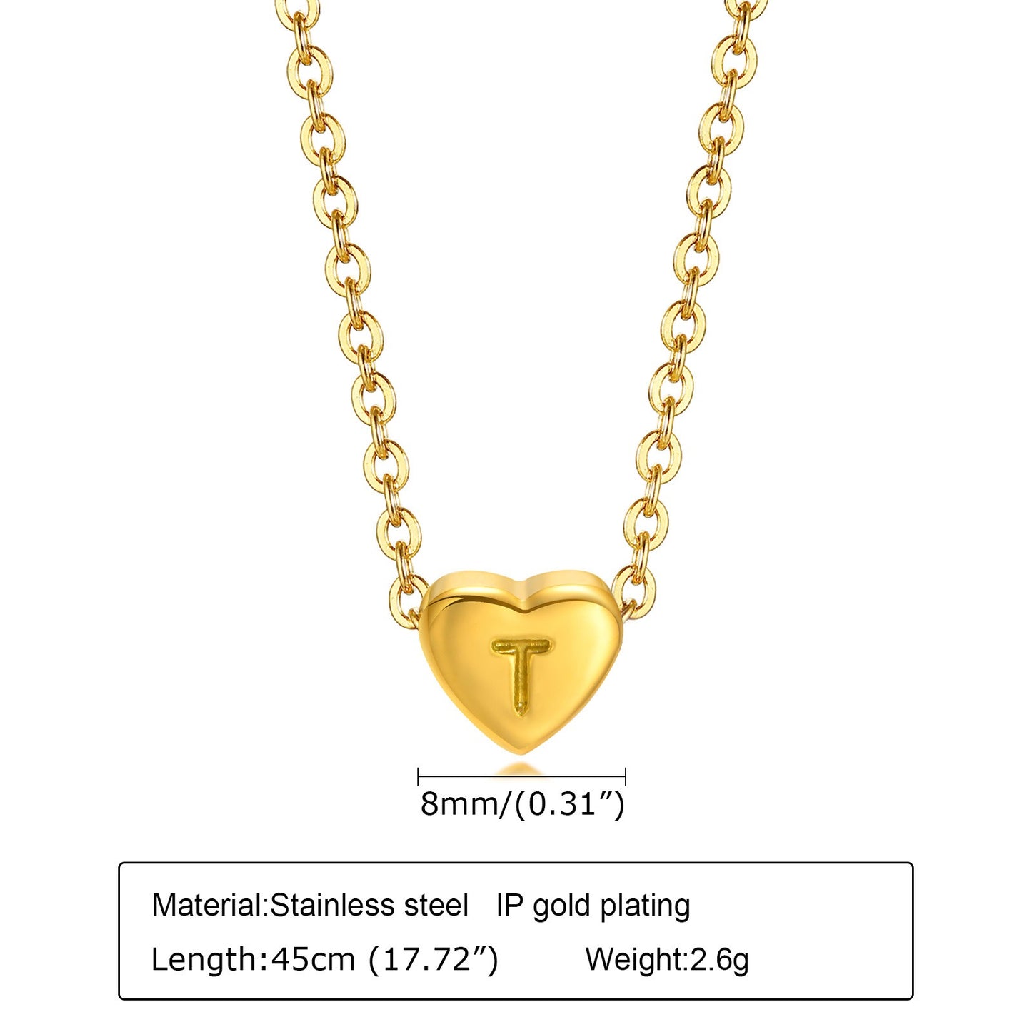 Collar de acero inoxidable Kemstone con letras de corazón - Colgante de amor con 26 letras del alfabeto PN-1670