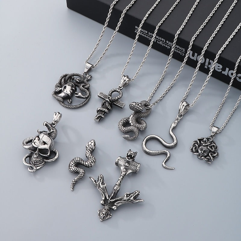 Kemstone Men’s Snake Pendant Necklace – Stainless Steel Gothic Punk Amulet, Norse Dark Jewelry KP55376-BD