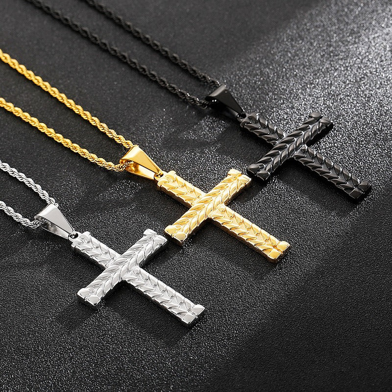 Kemstone Twisted Cross Pendant – Retro Titanium Steel Necklace for Men KP81525-K