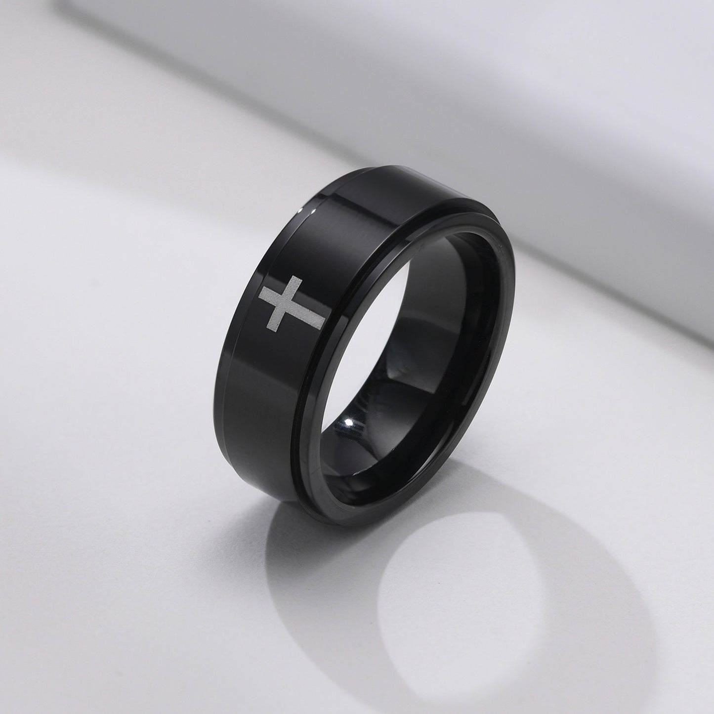 Kemstone Black Laser-Etched Cross Rotating Stainless Steel Ring – Gothic Industrial Men’s Jewelry R589