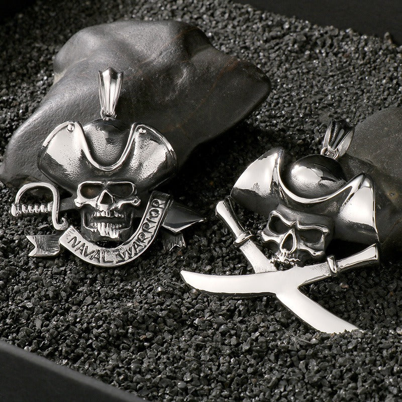 Kemstone Pirate Skull Pendant for Men – Punk Rock Sparrow & Anchor Necklace in Vintage Stainless Steel KP79431-BD
