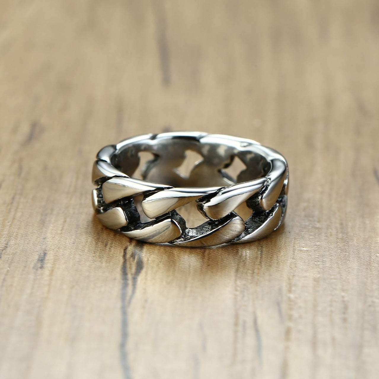 Kemstone Men’s Cuban Chain Titanium Steel Ring – Vintage Biker Link Band R-495
