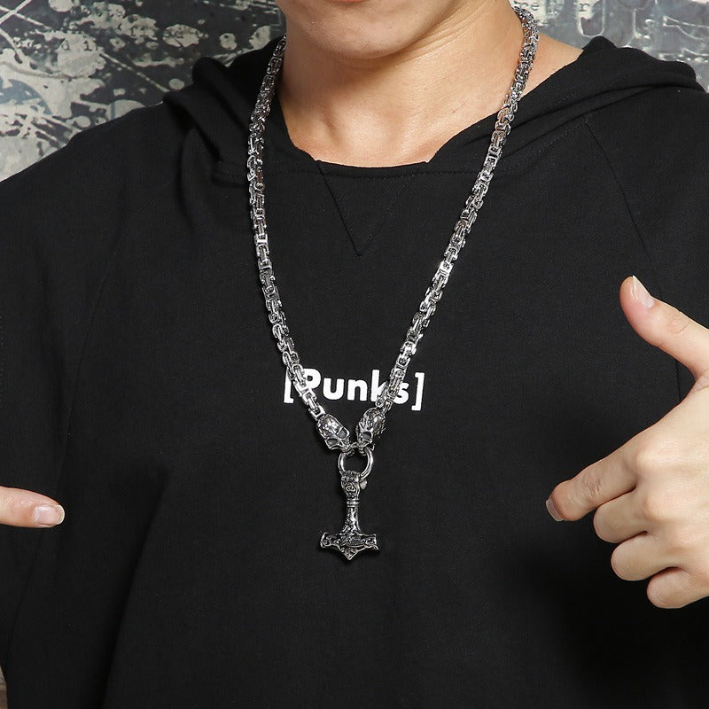 Kemstone Viking Thor’s Hammer Pendant – Stainless Steel Norse Amulet with Skull Connector KP96348