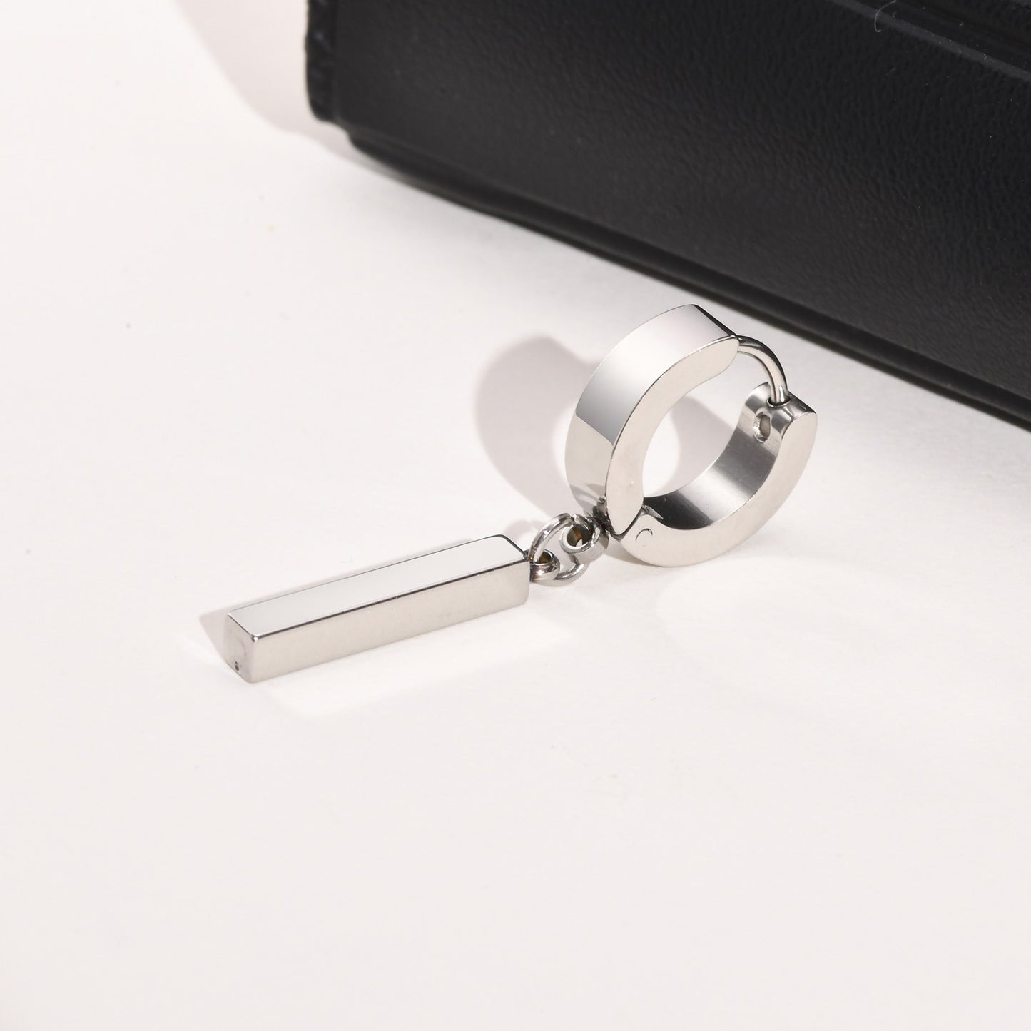 Kemstone Men's Geometric Bar Drop Earrings – Stainless Steel Hoop & Clip-On, Gothic Punk Street Style in Black & Silver ED-659