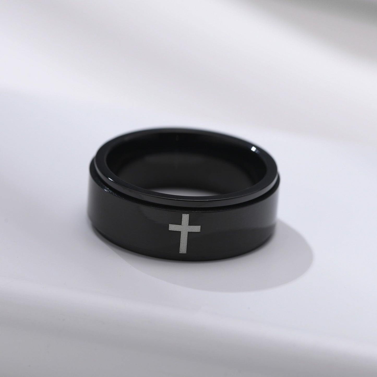 Kemstone Black Laser-Etched Cross Rotating Stainless Steel Ring – Gothic Industrial Men’s Jewelry R589