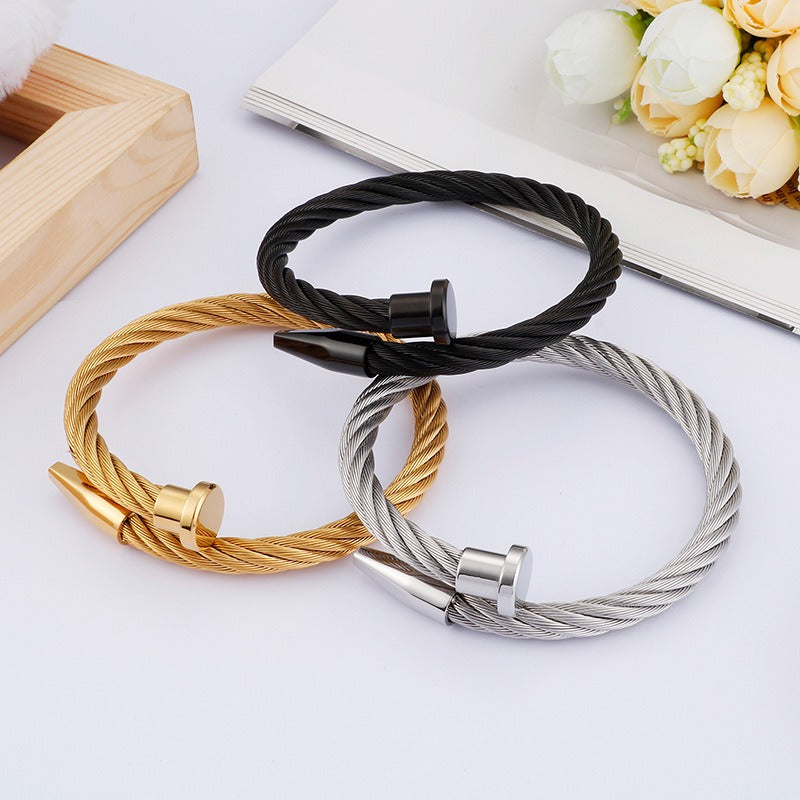Kemstone Men’s Nail Cable Cuff Bracelet – Stainless Steel Industrial Punk Wristband KB110358-K
