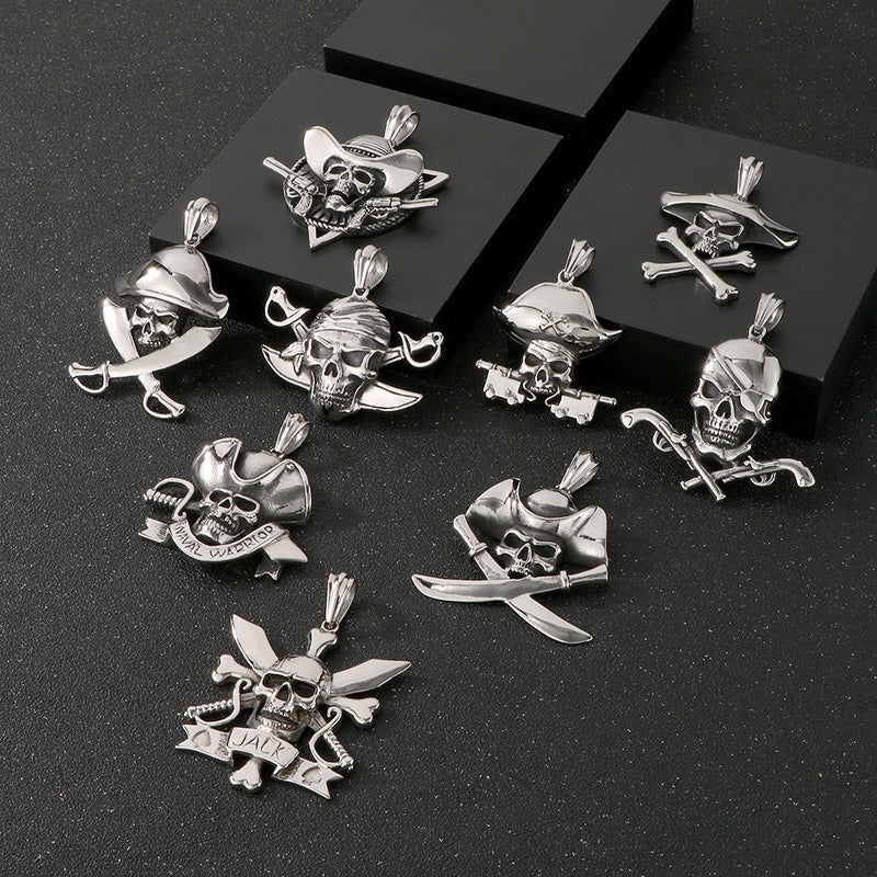 Kemstone Pirate Skull Pendant for Men – Punk Rock Sparrow & Anchor Necklace in Vintage Stainless Steel KP79431-BD