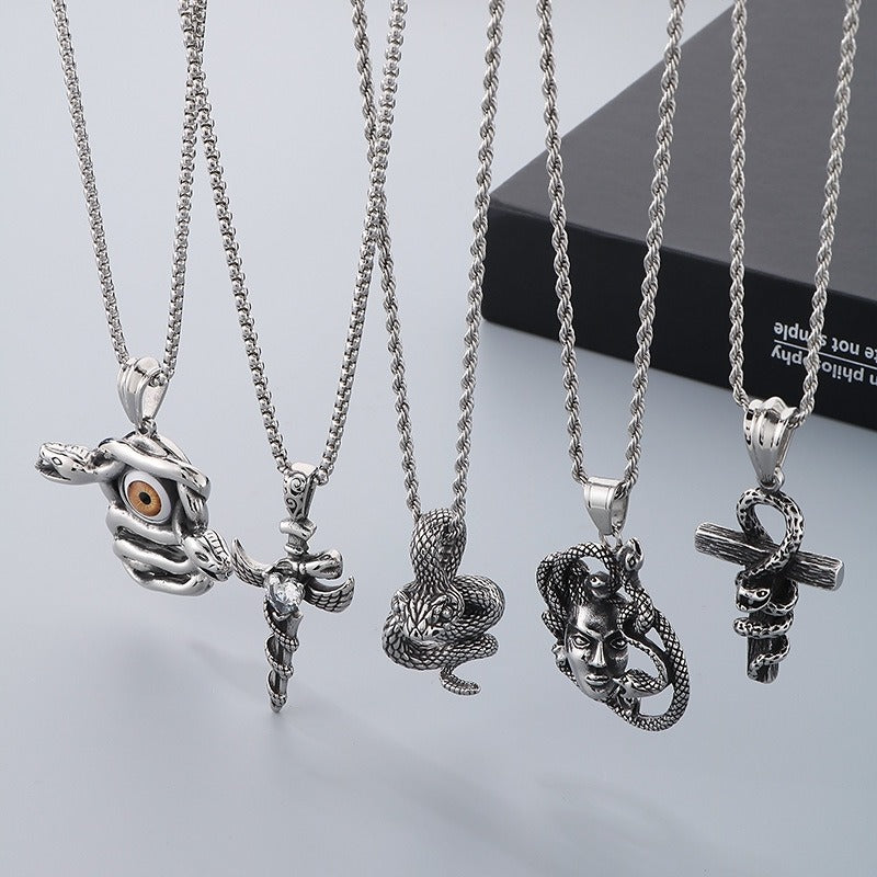 Kemstone Men’s Snake Pendant Necklace – Stainless Steel Gothic Punk Amulet, Norse Dark Jewelry KP55376-BD