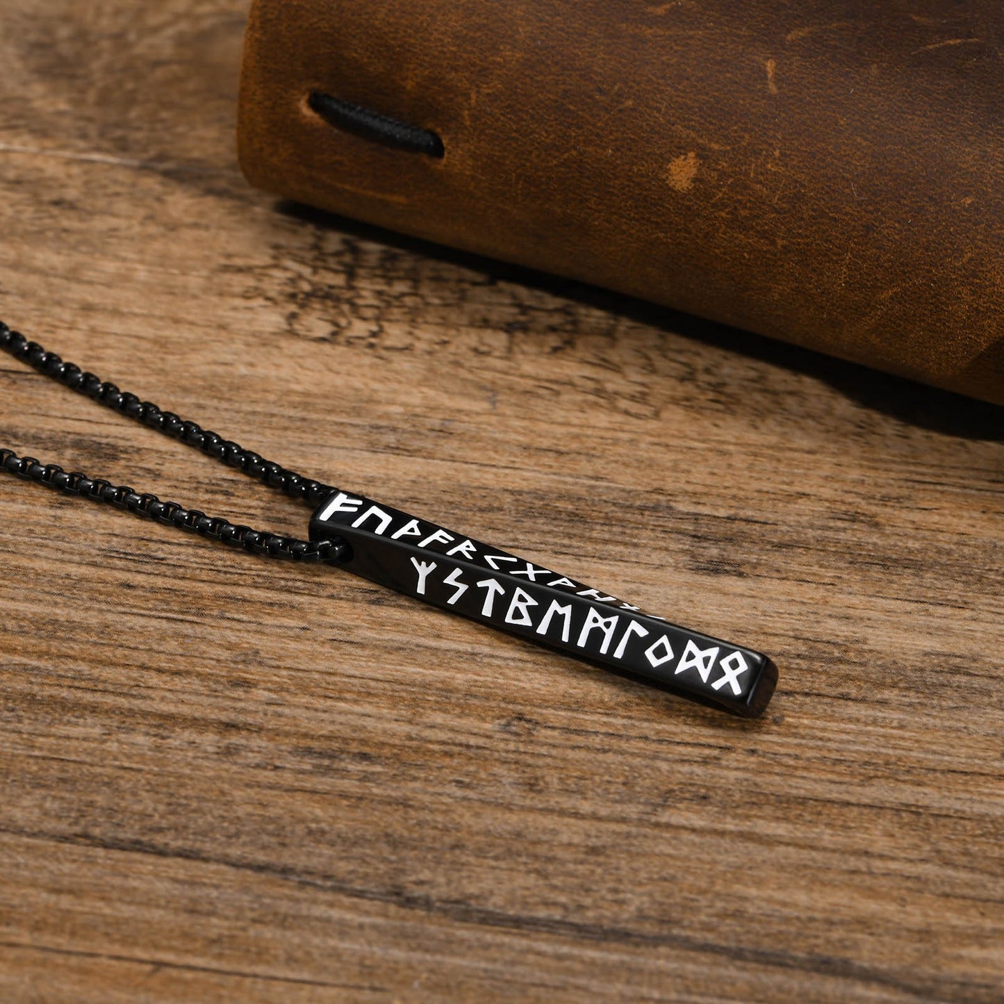 Kemstone Nordic Rune Bar Necklace – Stainless Steel Viking Pendant, Elder Futhark Engraving NC-1383
