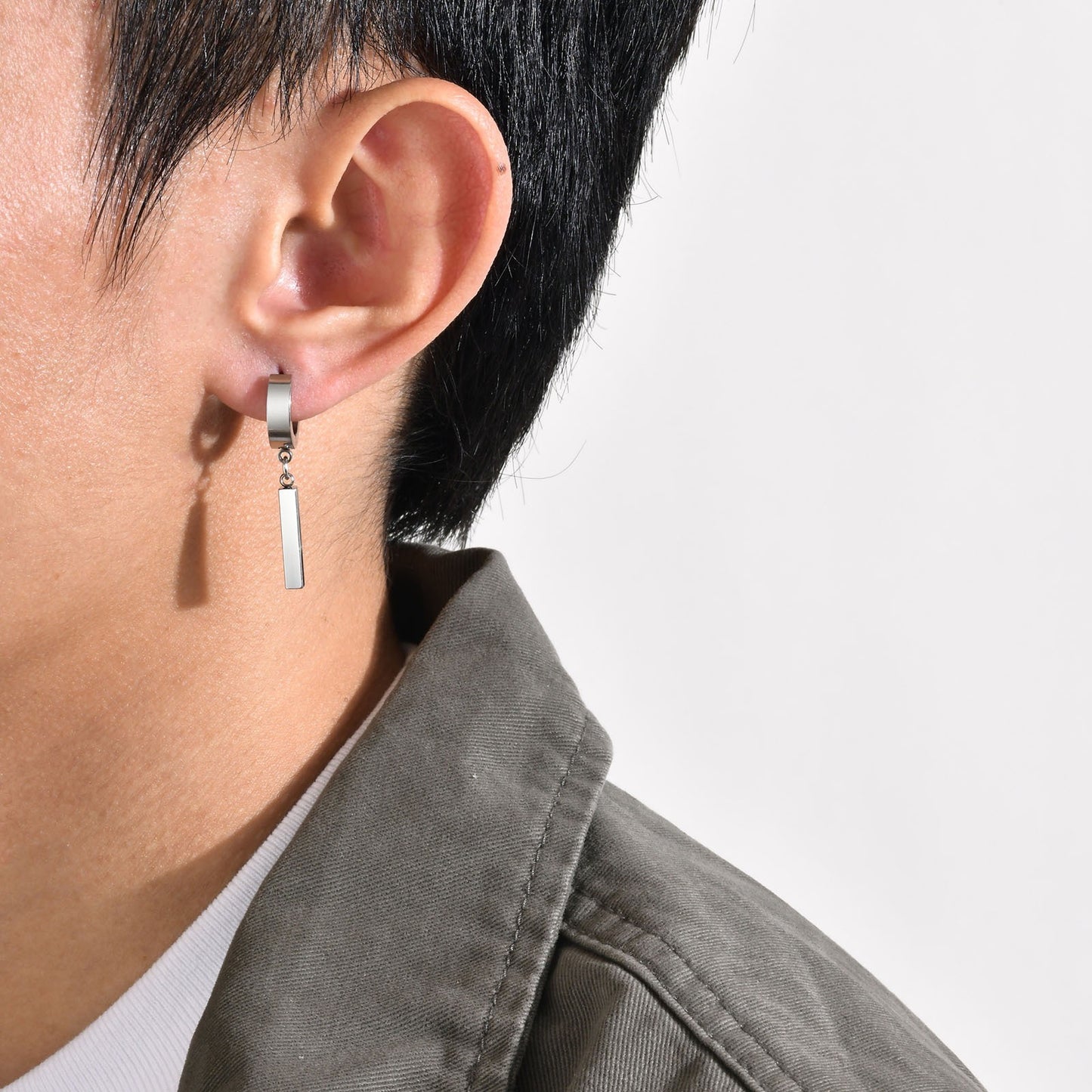 Kemstone Men's Geometric Bar Drop Earrings – Stainless Steel Hoop & Clip-On, Gothic Punk Street Style in Black & Silver ED-659