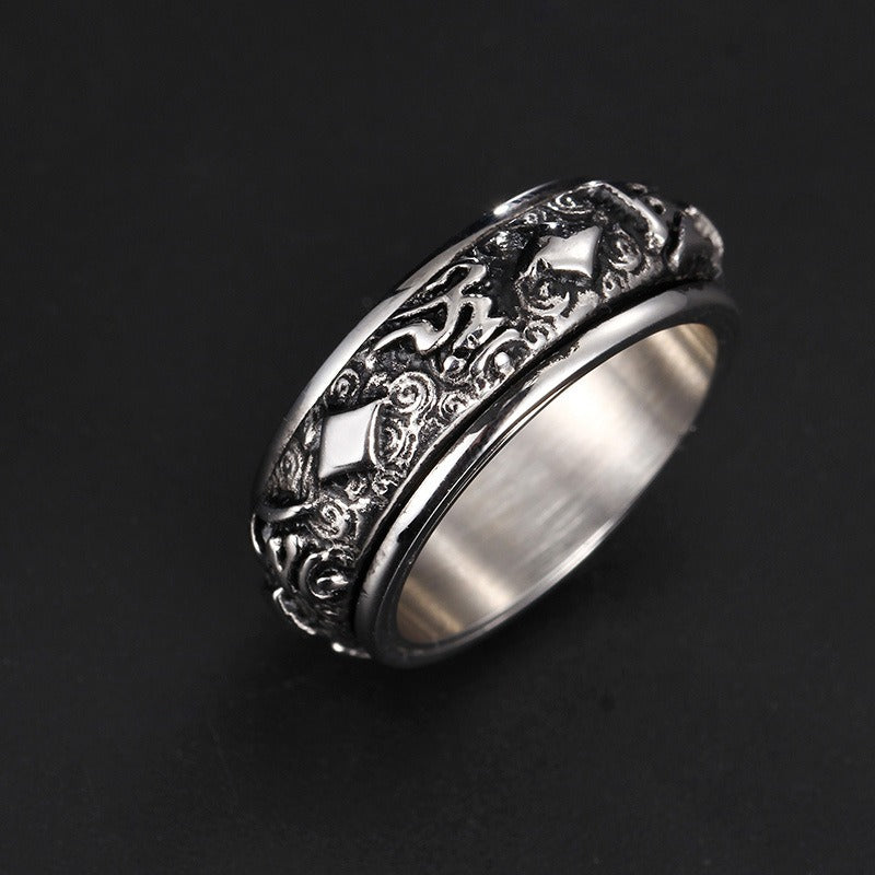 Anello Mantra Rotante Kemstone - Fascia in acciaio inossidabile con esagramma inciso e bordi strutturati per alleviare lo stress e favorire un flusso positivo KR37988-K