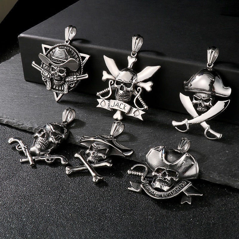 Kemstone Pirate Skull Pendant for Men – Punk Rock Sparrow & Anchor Necklace in Vintage Stainless Steel KP79431-BD