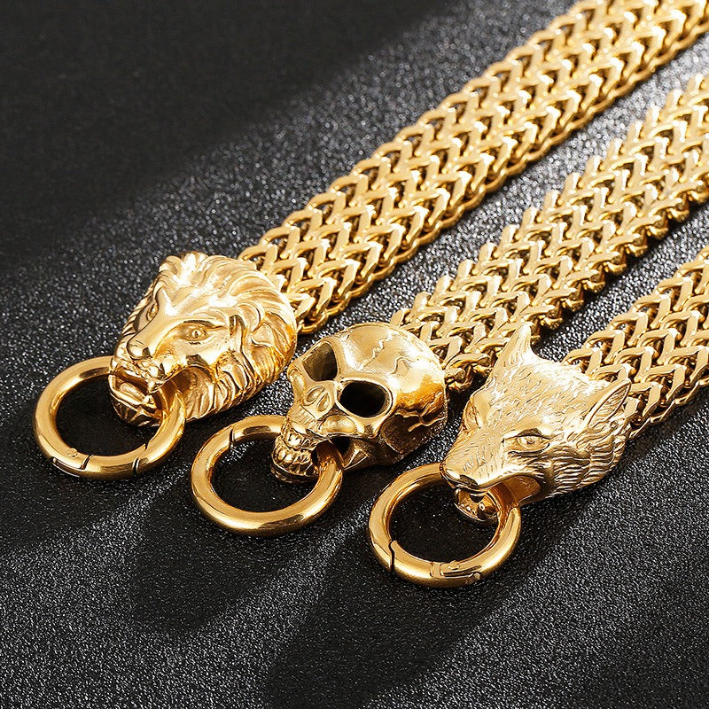 Pulsera Kemstone con calavera, lobo y cabeza de león - Cadena de acero de titanio con borde punk KB144489