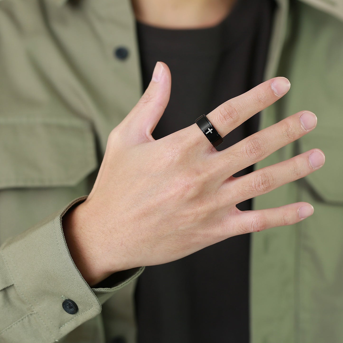 Kemstone Black Laser-Etched Cross Rotating Stainless Steel Ring – Gothic Industrial Men’s Jewelry R589