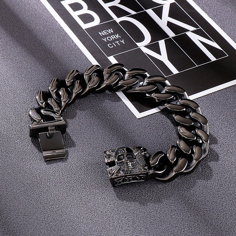Kemstone Titanium Steel Skull Cuban Chain Bracelet – Bold Streetwear Men’s Accessory KB69725-BD