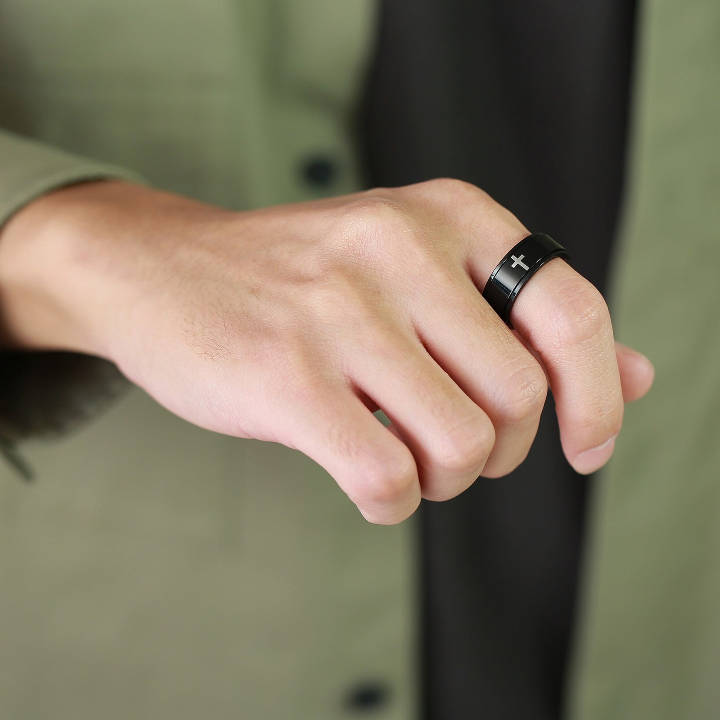 Kemstone Black Laser-Etched Cross Rotating Stainless Steel Ring – Gothic Industrial Men’s Jewelry R589