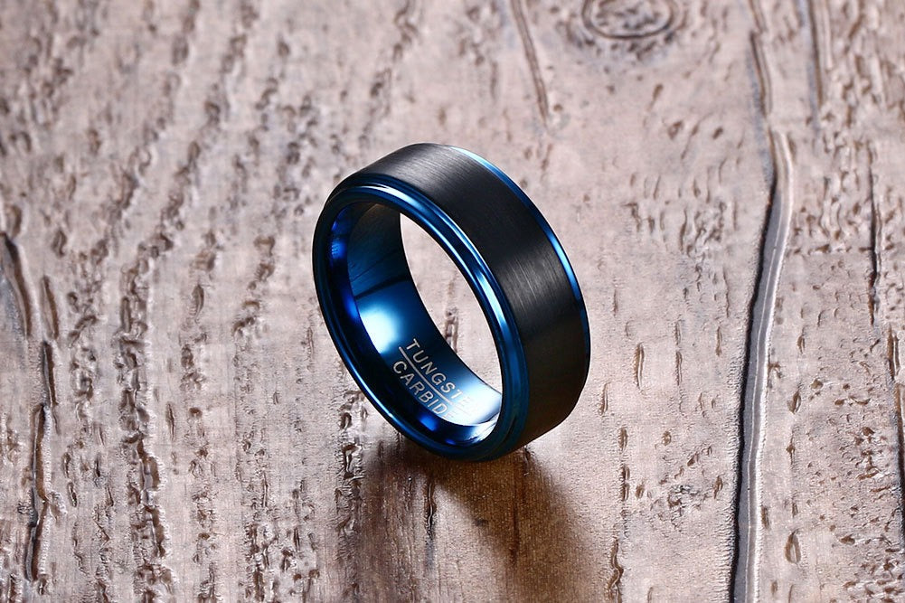 Anello in acciaio al tungsteno Kemstone da uomo - Moderno anello minimalista unisex nero opaco/blu acciaio/grigio satinato | Gioiello resistente e antigraffio TCR-015