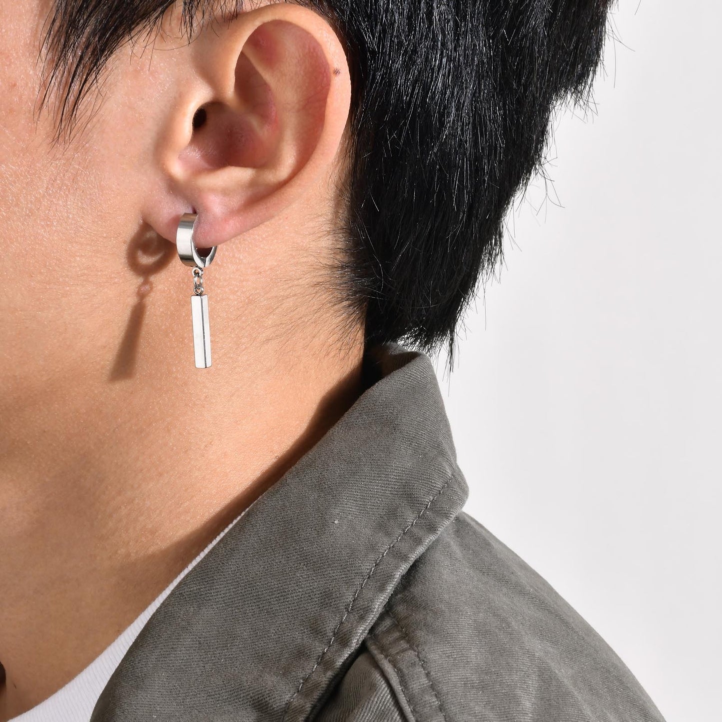 Kemstone Men's Geometric Bar Drop Earrings – Stainless Steel Hoop & Clip-On, Gothic Punk Street Style in Black & Silver ED-659