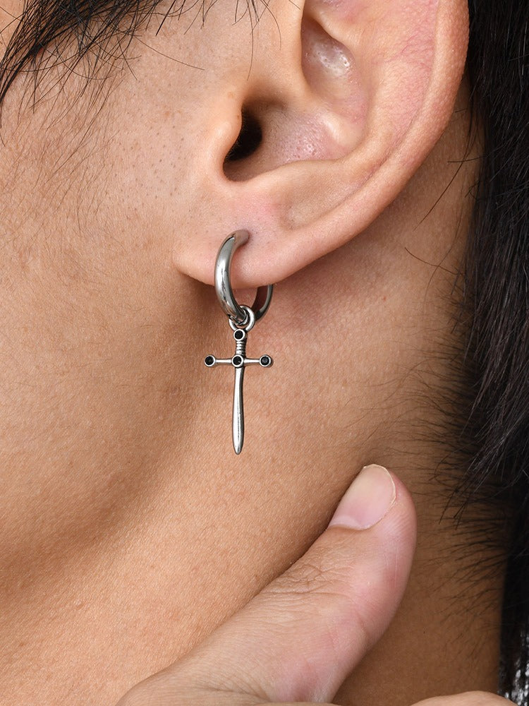 Men's Gothic Cross Hoop Earring – Stainless Steel Sword & Spear Designs ED-684