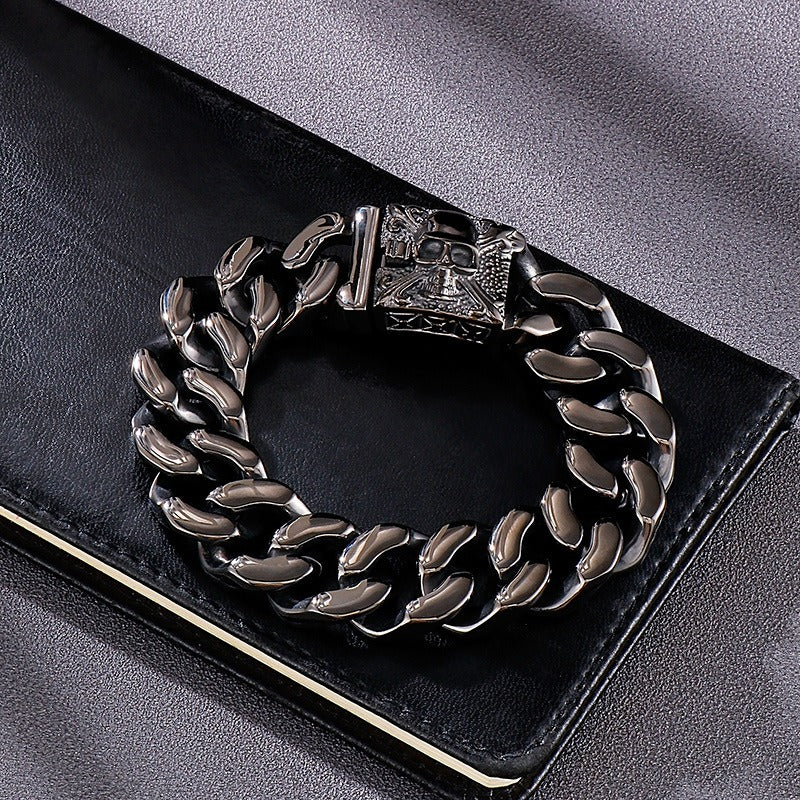 Kemstone Titanium Steel Skull Cuban Chain Bracelet – Bold Streetwear Men’s Accessory KB69725-BD