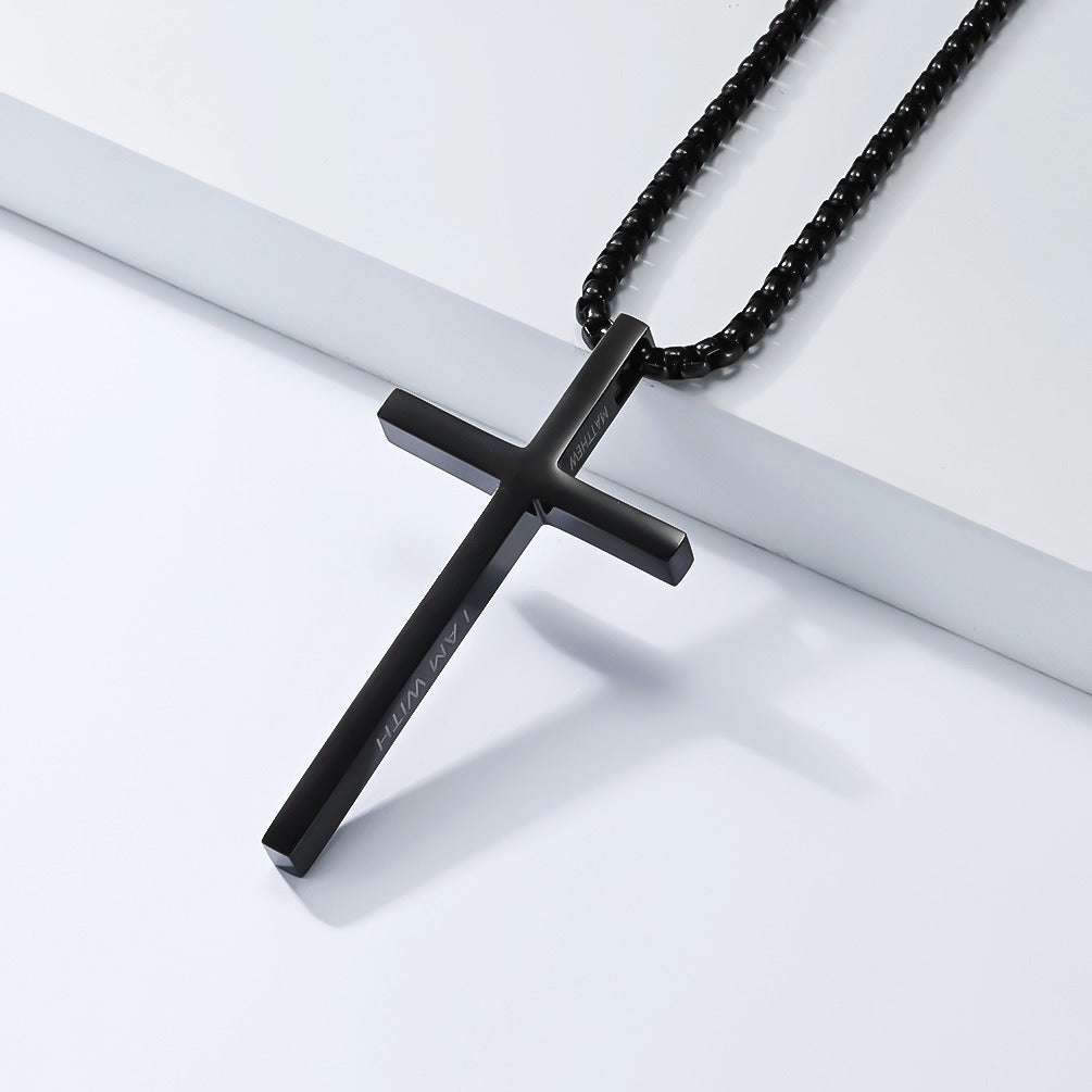 Kemstone Stainless Steel Engraved Cross Pendant Necklace for Men Minimalist Bar Chain K-PT670