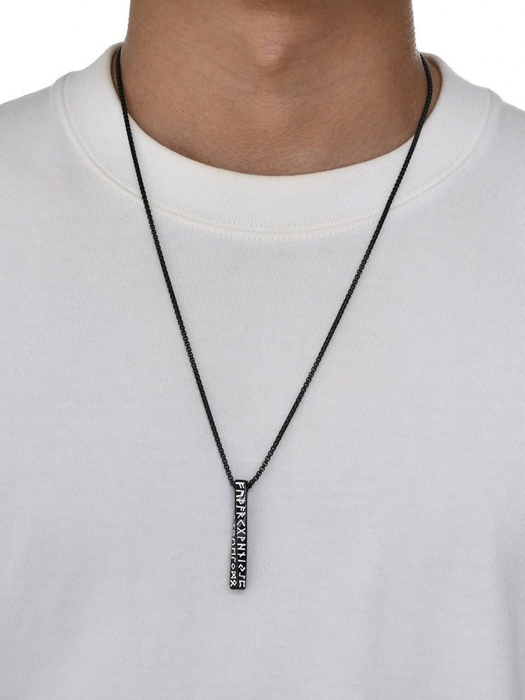 Kemstone Nordic Rune Bar Necklace – Stainless Steel Viking Pendant, Elder Futhark Engraving NC-1383