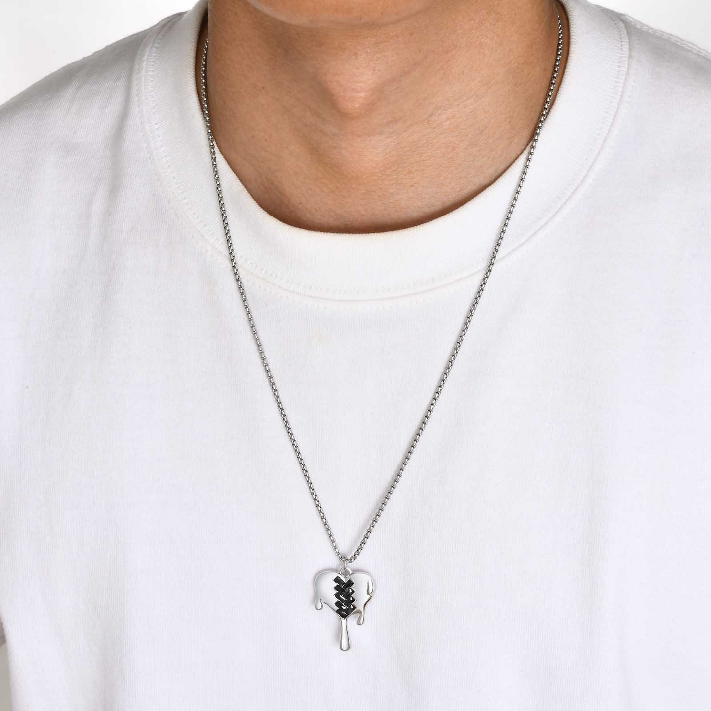 Kemstone Men’s Silver Geometric Pendant Necklace with Black Enamel PNB-192