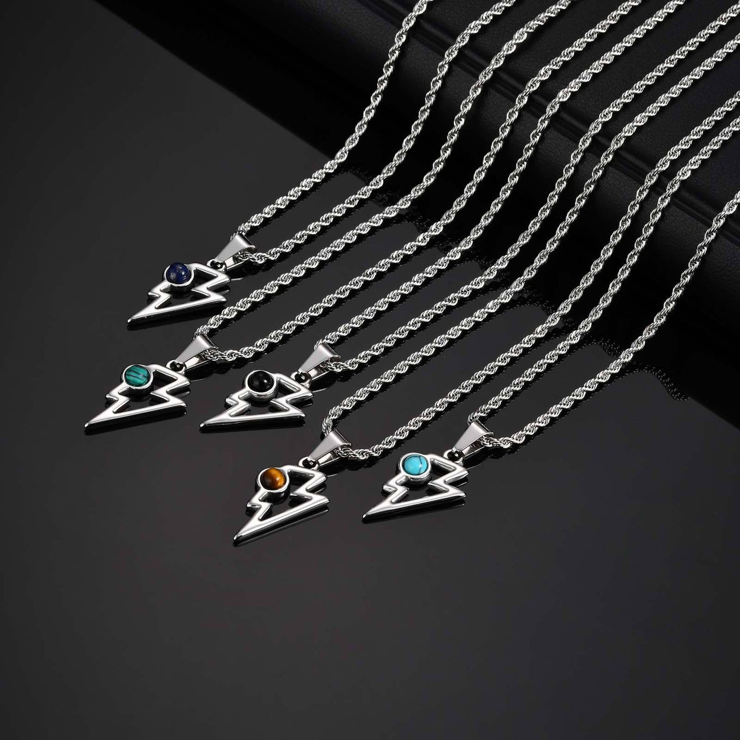 Kemstone Men’s Stainless Steel Lightning Pendant Necklace – Natural Stone Jewelry PN-2202