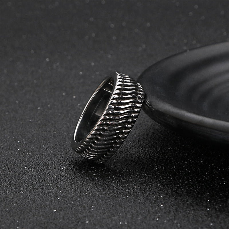Kemstone Motorcycle Tread Ring – Dual-Tone Titanium Steel Biker Jewelry for Men KR53966-K