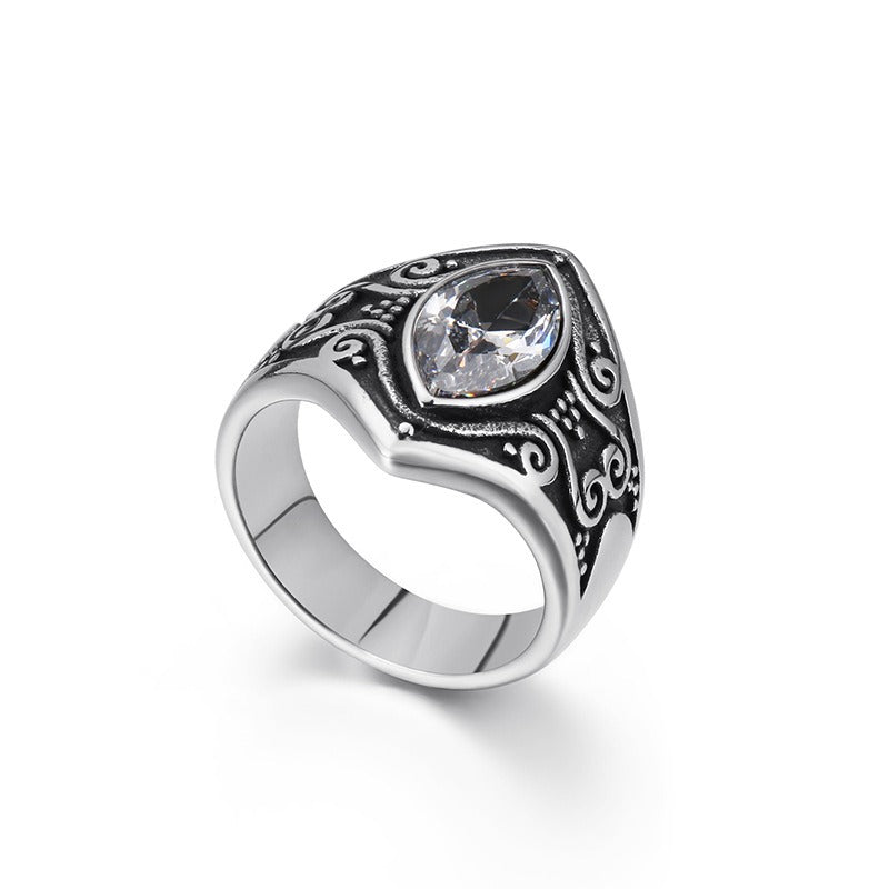 Kemstone Gothic Stainless Steel Signet Ring – Ornate Crystal Inlay Red Black White KR82457