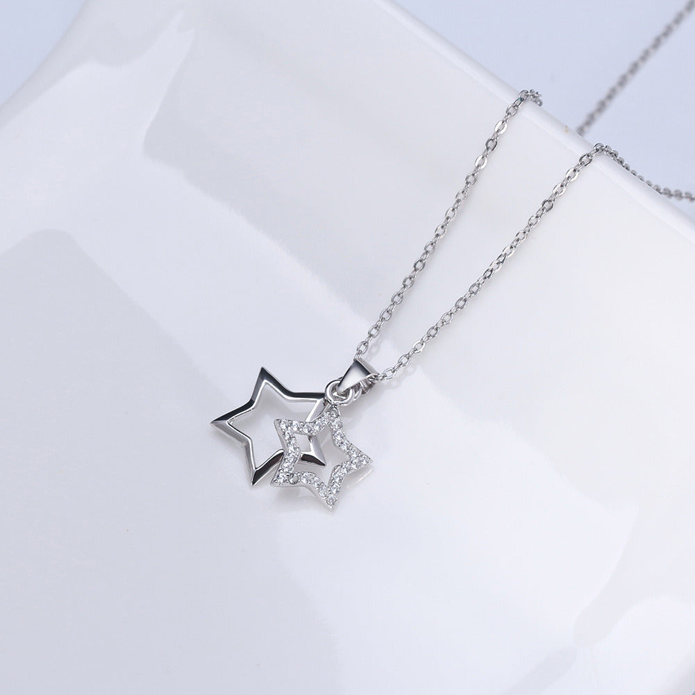 Kemstone 925 Sterling Silver Double Star Pendant Necklace for Women – Dainty Celestial Jewelry, 18-Inch Minimalist Gift A4-SN82