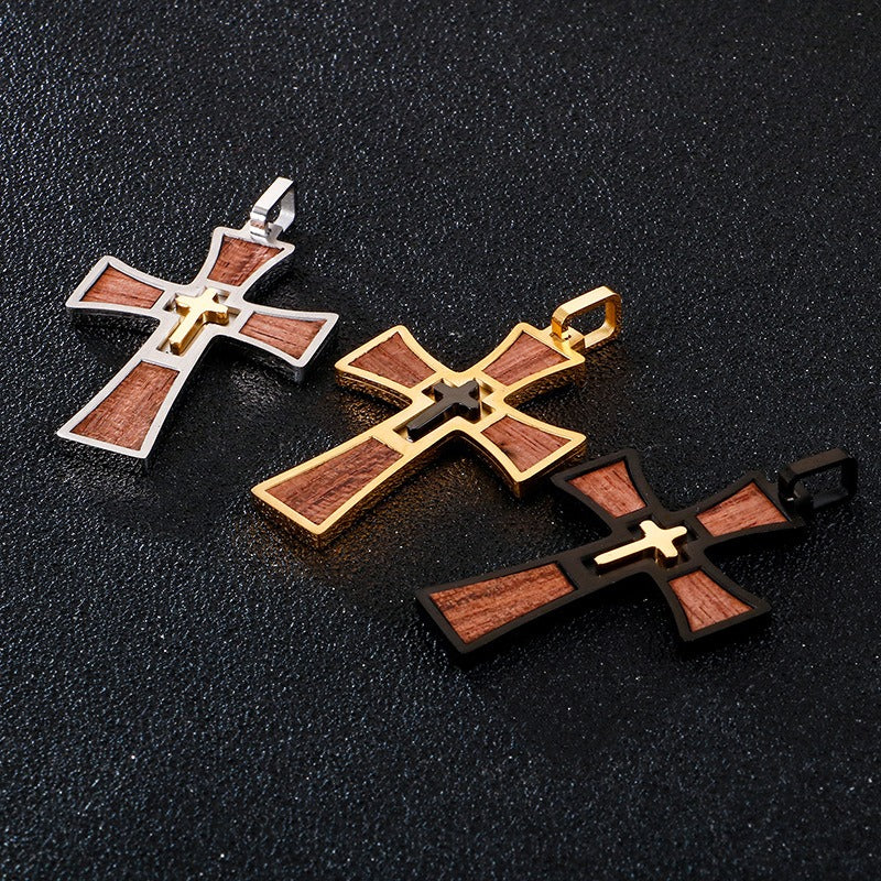 Kemstone Layered Stainless Steel & Wood Cross Pendant – Gothic Totem Necklace KP93475