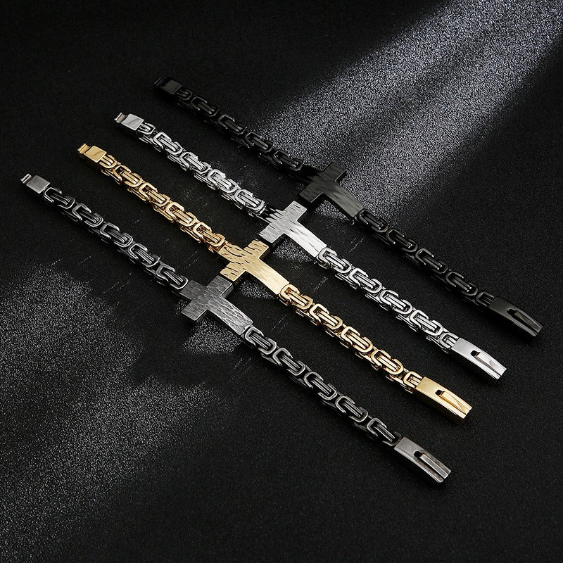 Kemstone Cross Pendant Retro Bracelet – Titanium Steel Cuff with Imperial Chain Design for Men KB122384