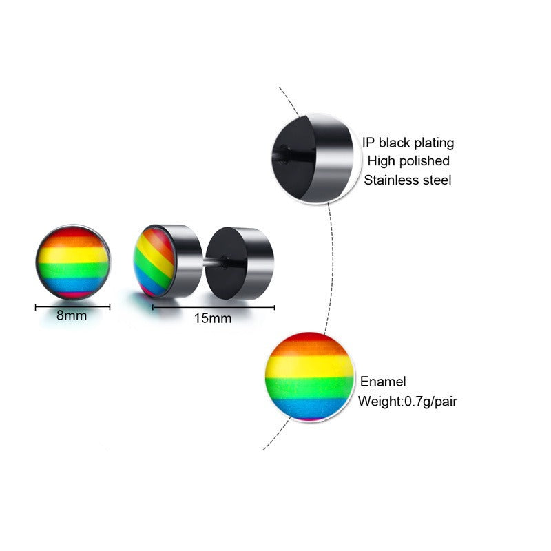 Rainbow Dumbbell Stud Earrings – Stainless Steel Pride Ear Jewelry | Street Gothic Color Edge PE-005