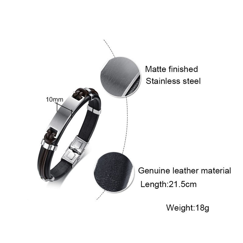 Men's Black Leather Bracelet with Matte Stainless Steel Plate – Gothic Street Power Style BL-344
