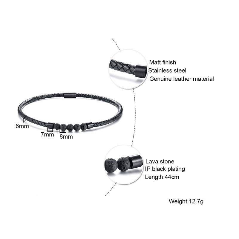 Kemstone Men’s Black Leather Choker Necklace – Lava Stone Beads & Magnetic Steel Clasp, Viking Style NC441