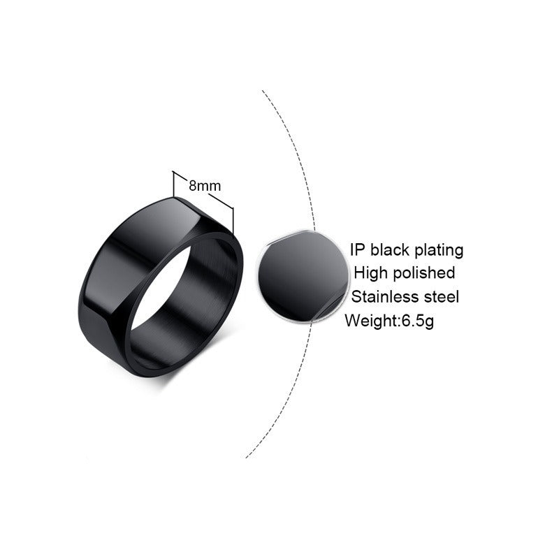 Kemstone 8mm Black Stainless Steel Men’s Ring – IP Plated, High Polish Minimalist Style R-383
