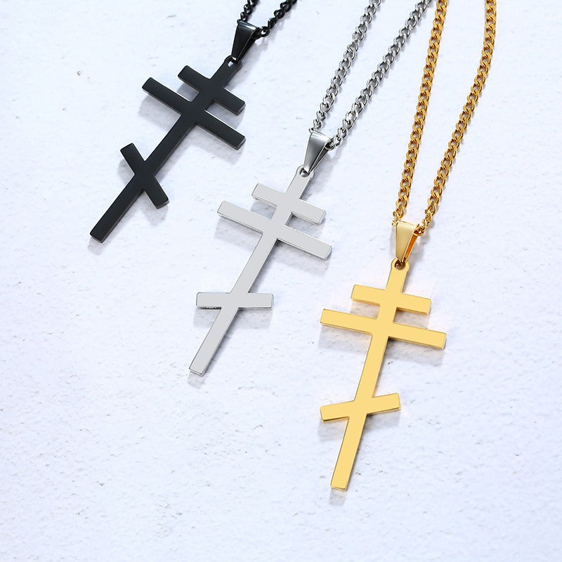 Men's Stainless Steel Orthodox Cross Necklace – Bold Double Bar Gothic Pendant PN-831