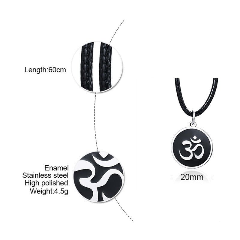 Black Om Symbol Pendant Necklace for Men – Stainless Steel Round Medallion on Leather Cord PN-1287